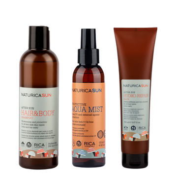 Набір повнорозмірів для захисту волосся влітку Rica Kit Sun Product (шампунь, маска, міст) RI1042 фото