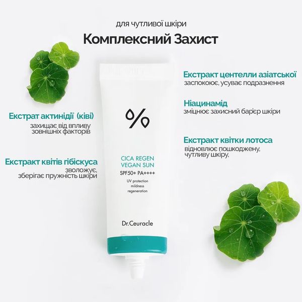 Сонцезахисний веганський крем з центелою азіатською Dr.Ceuracle Cica Regen Vegan Sun SPF50+ PA++++, 50 мл DRCEU1022 фото